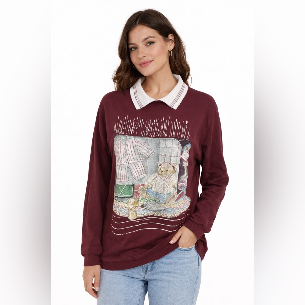 Vintage Teddy Bear Graphic Collared Sweatshirt Burgundy Cottagecore Top